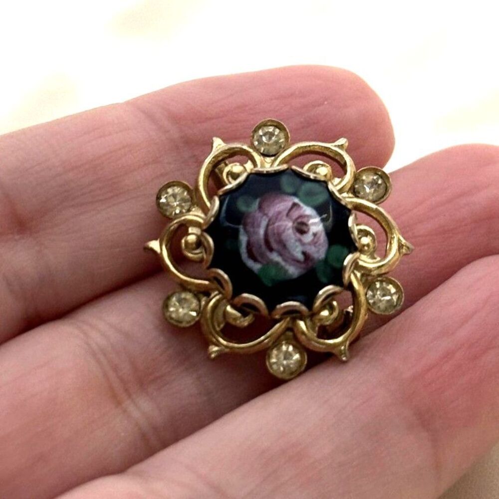 Small Painted Rose Cabochon and Rhinestone whimsigoth Brooch Lapel Pin - Picture 2 of 4